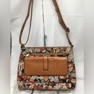 Fossil Kinley Multi Color Floral Leather Trim Crossbody Shoulder Handbag